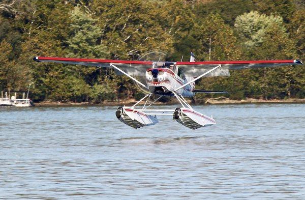 Shark Aviation's Cessna 185 amphibious seaplane taking off.