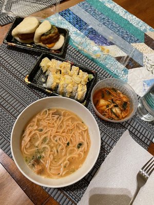 Bit of leftover ramen and kimchi from first visit along with sushi and steamed pork belly buns!