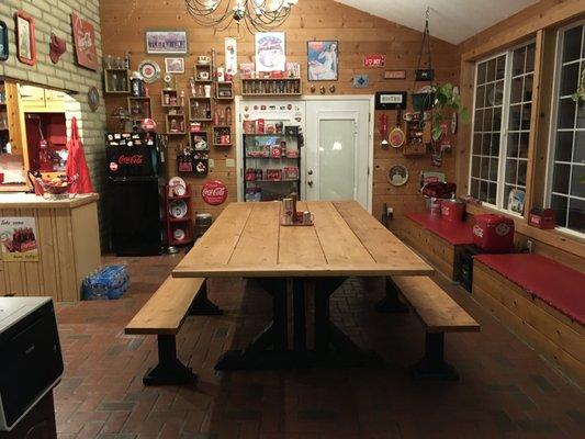 Stunning new table and benches.  Black base with natural wood top. I love it!