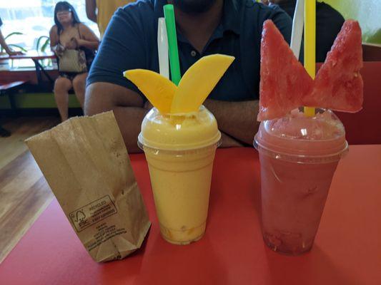 Mango smoothie and watermelon juice