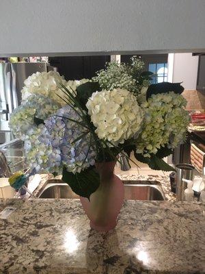 Publix did an amazing job with this huge hydrangea bouquet! They have lasted since Sunday (4 days) and are still going strong.