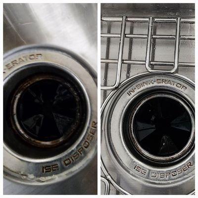 Before and after for a kitchen drain in the sink for our move out home cleaning!