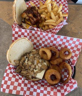 Salado Legend (top) and Texas Mushroom (bottom) burgers with fries and onion rings