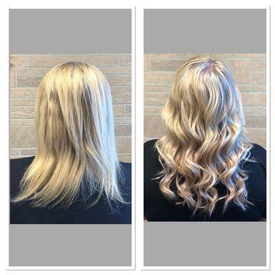 Before and after a full head of Donna Bella tape in extensions