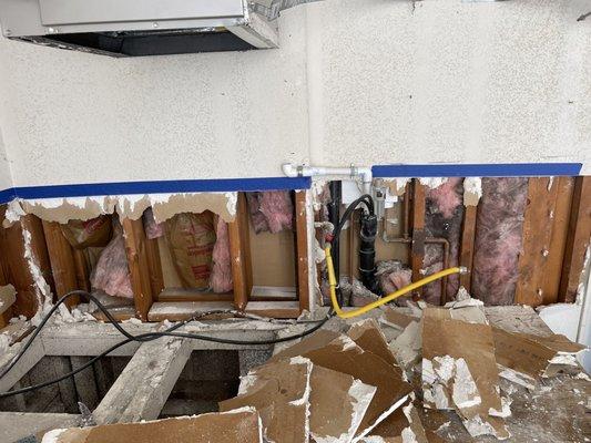 During the demo pics , pink insulation prevented moisture from spreading to other room