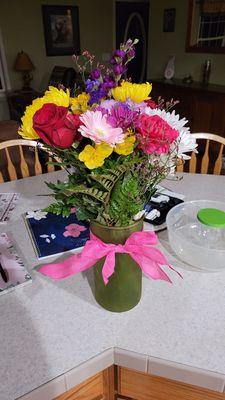 Flowers my daughter sent.....the vase and bow were mine and done by me! Lol