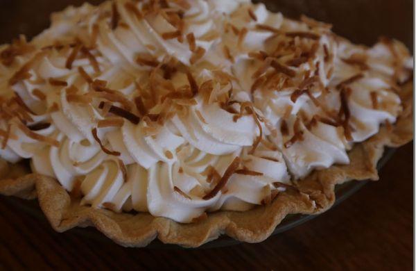 Made from scratch, Coconut cream pie, topped with toasted coconut.