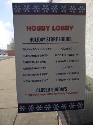 Store hours, note Sunday is closed.