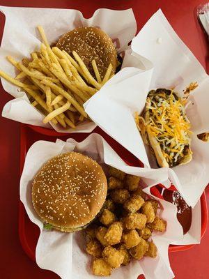 Chili dog, tater tot's, french fries seasoned a double cheeseburger with bacon and also a double hamburger!