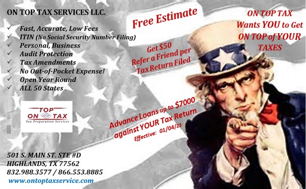 Free Estimates

Get $50 Referral Fee (per filed tax return)

Refer your friends or family

We service ALL 50 states