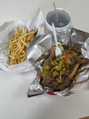 Italian Beef, fries and a beverage.  All served temp appropriate. Beef tender with good flavor.  Fries hot and crisp.