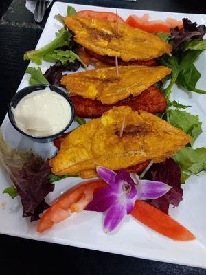 Tostones sliders (fried plantains with cheese and salami)