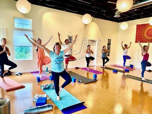 Tree pose at our Friday morning Vinyasa class. This balance pose helps with focus, calms the nervous system & may help those with sciatica.