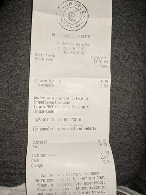 Got charged an extra $2.50 for guac that I didn't ask for and did NOT receive.