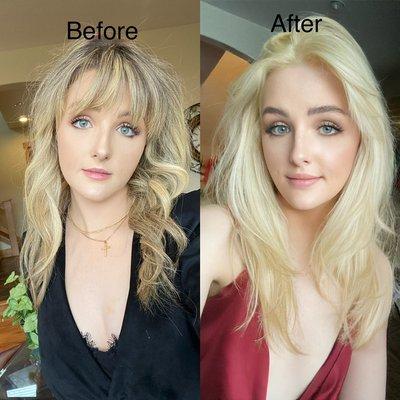 Before and after of going solid blonde