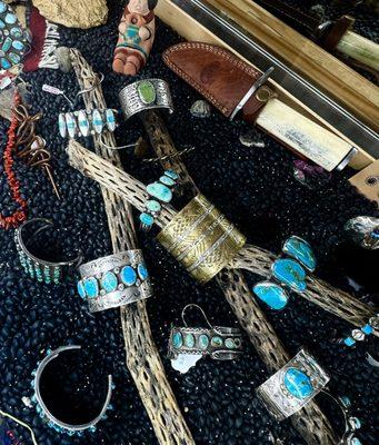 Custom made turquoise and silver cuffs and bracelets