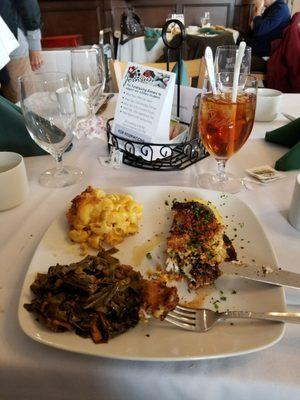 Parmesan crusted (no offense to Italians) blackened  catfish w/ mac and cheese and collard greens