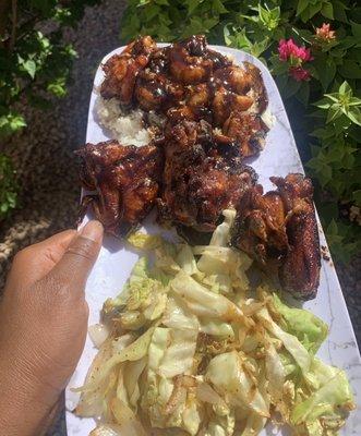 Jerk chicken, Jerk shrimp, and cabbage