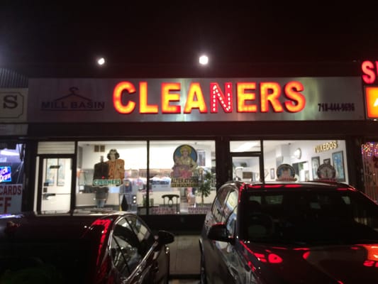 The outside of the cleaners.