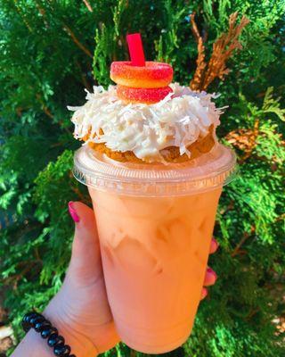 August special "Feeling Peachy": Redbull, peach, vanilla, grapefruit, and cream topped with peach rings  Dudes Donuts: key lime pie