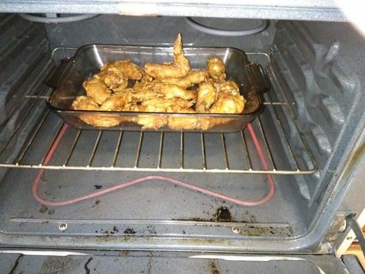 The wings had to go in oven because my kids told me that they were still pinkish