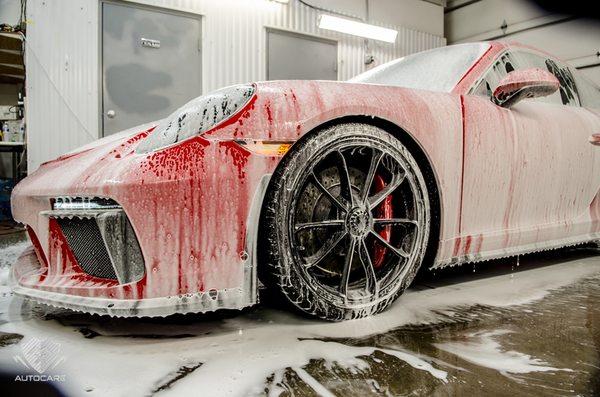 Porsche GT3 getting prepped before ceramic coating application.