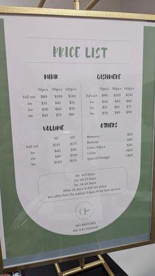 Price list at the front desk