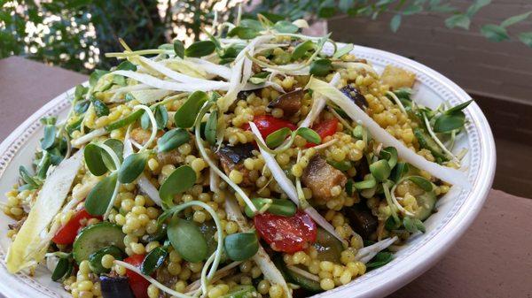 Israeli Cous Cous, Pea Shoots, Smoked Eggplant, Zataar