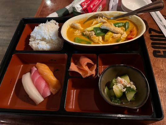 Sushi combo with nigiri and Panang curry chicken