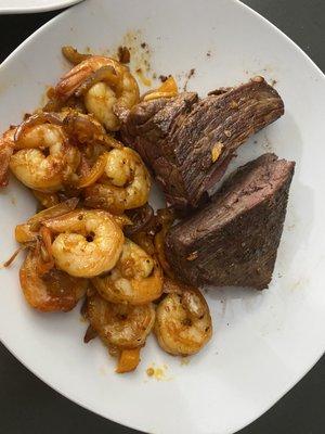 Filet Mignon with Spicy garlic butter shrimp + veggies