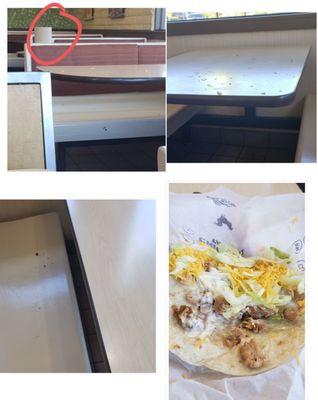 Dirty tables, paper towel circled in red and chicken taco.