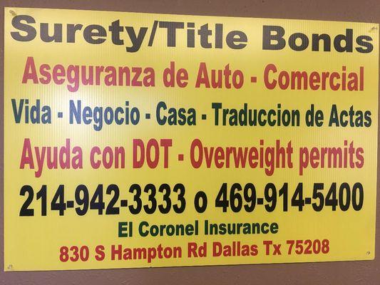 This is some of the services we offer, Surety/Title Bonds, traduciones de actas y mas