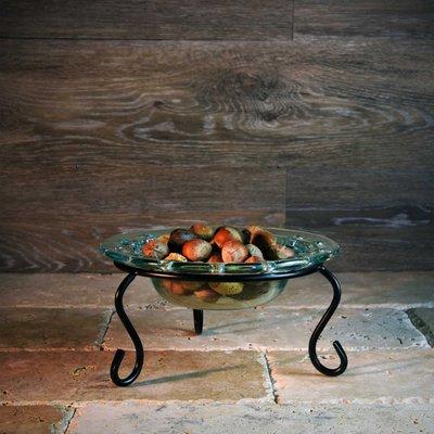 Customize your event or seasonal home decor by threading ribbon through the eyelets of this unique 100% recycled glass bowl & metal stand.