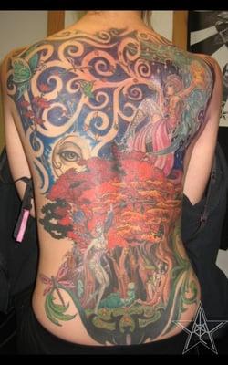 combination of freehand and stencil work fairy back piece