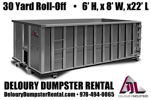 30 Yard Dumpster Rental by Deloury Dumpster Rental out of Andover, MA.