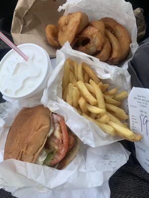 Fish sandwich combo and onion rings