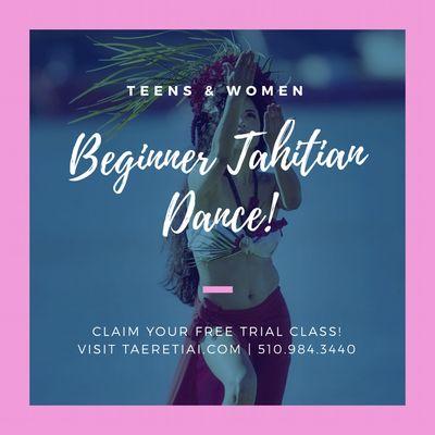 Claim your free trial class! Beginner Tahitian Dance for Teens ages 13+, no prior experience required.