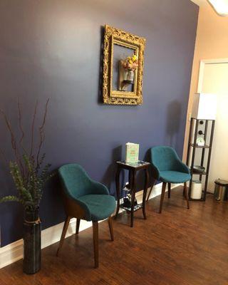 Private waiting area for physical therapy and pelvic floor physical therapy.