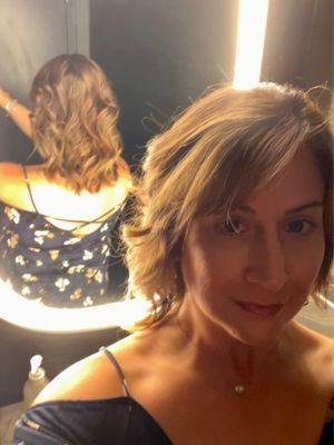 A photo of my freshly cut and curled hair (in the bathroom at Mint Salon - great lighting). Thanks Aimee for giving me "going out" hair!