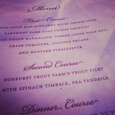 Beautiful menu (the paper was not purple, that's just the lighting from the tent!)