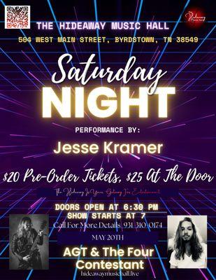 LAST CHANCE!! Jesse Kramer LIVE, May 20th, doors open at 6:30pm and show starts at 7!! Don't forget to order tickets to enter the vacation!!