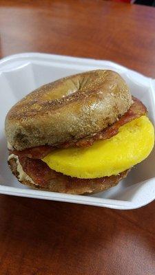 French toast bagel sandwich. Not the best sandwich (egg patty, bacon patty), but the cream cheese and bagel were 10/10.