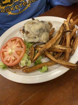 Mushroom and Swiss burger with fries