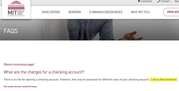 FAQ about checking account fee structure has a "link to brochure here" but no actual link.