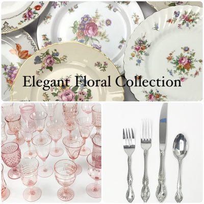 Floral china, pink water goblets and vintage flatware for rent.