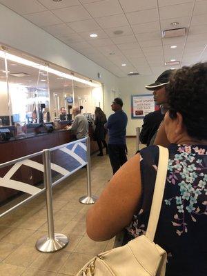 people in line waiting for a teller to help them out.