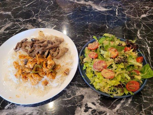 Chicken corn chipotle and steak mushroom bowl combo with half and half rice and salad