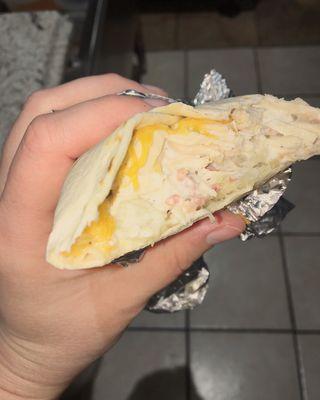 Our potatoes in a burrito! Pictured here is the #7 Bacon Chicken Ranch