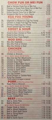 Chow Fun or Mei Fun, Egg Foo Young, Sweet & Sour, Moo Shu, Chicken, Pork, Beef