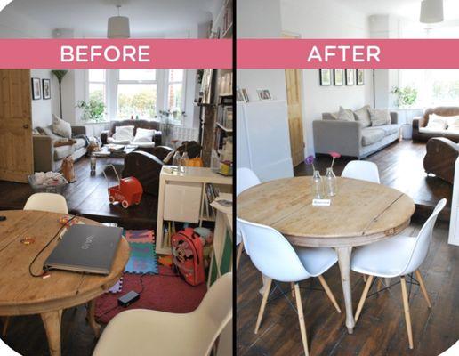 Before and after living and dining room.